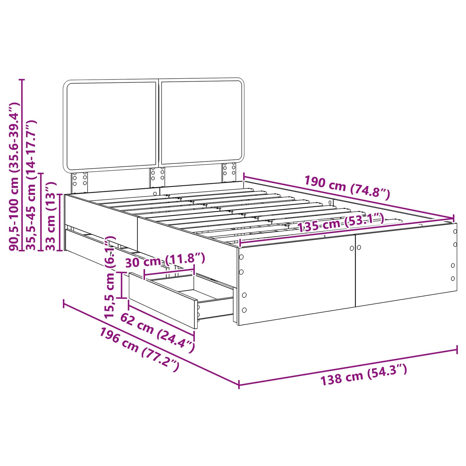 Bedframe met lade Beton Grijs 135 x 190 cm Ingenieurshout