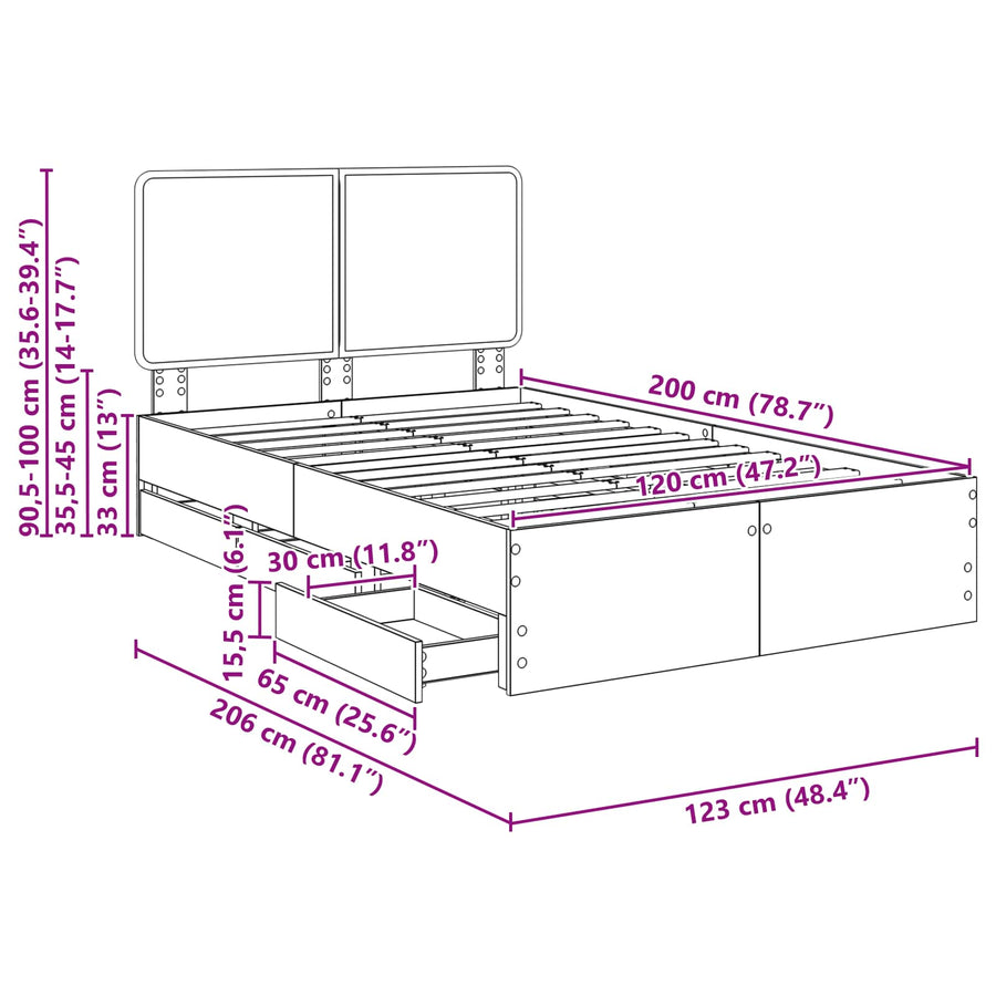 Bedframe met lade Gerookt eiken 120 x 200 cm Ingenieurshout