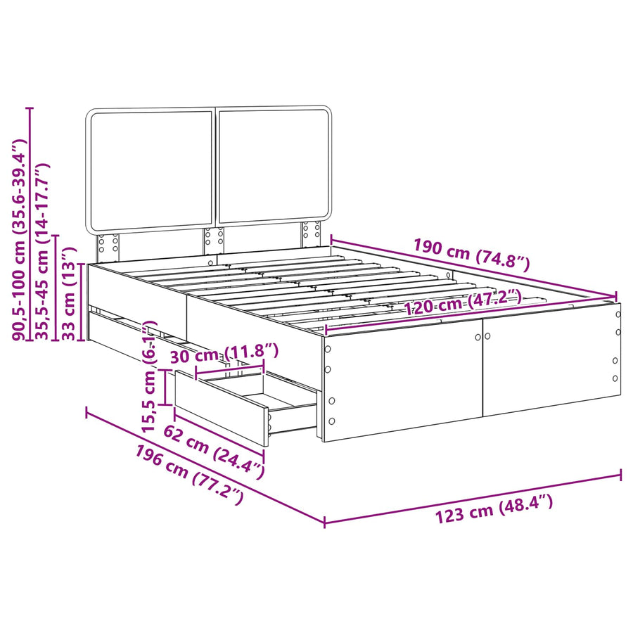 Bedframe met lade Bruin Eiken 120 x 190 cm Ingenieurshout