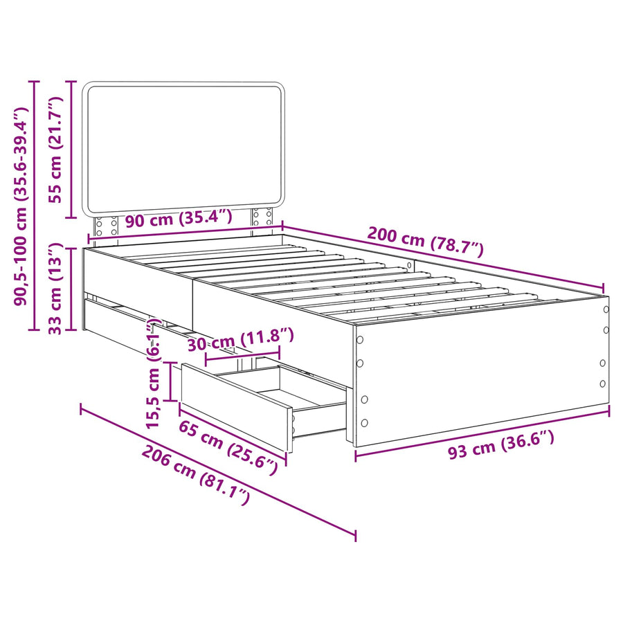 Bedframe met lade Gerookt eiken 90 x 200 cm Ingenieurshout