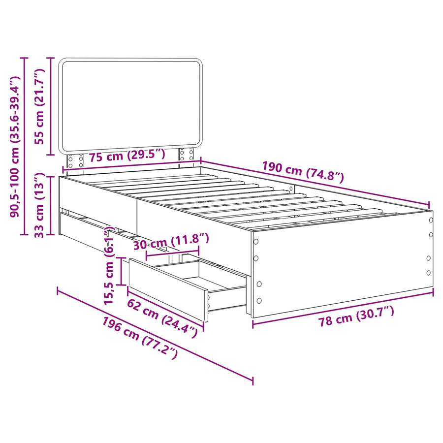 Bedframe met lade Gerookt eiken 75 x 190 cm Ingenieurshout