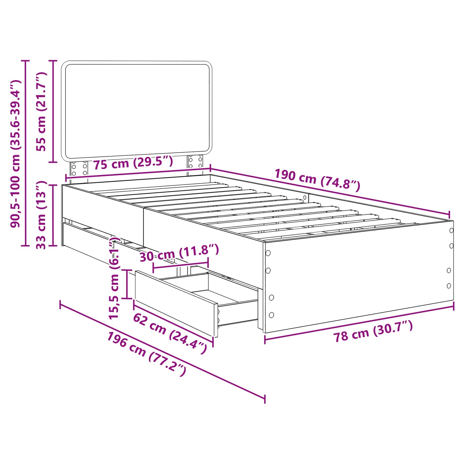 Bedframe met lade Grijs Sonoma 75 x 190 cm Ingenieurshout
