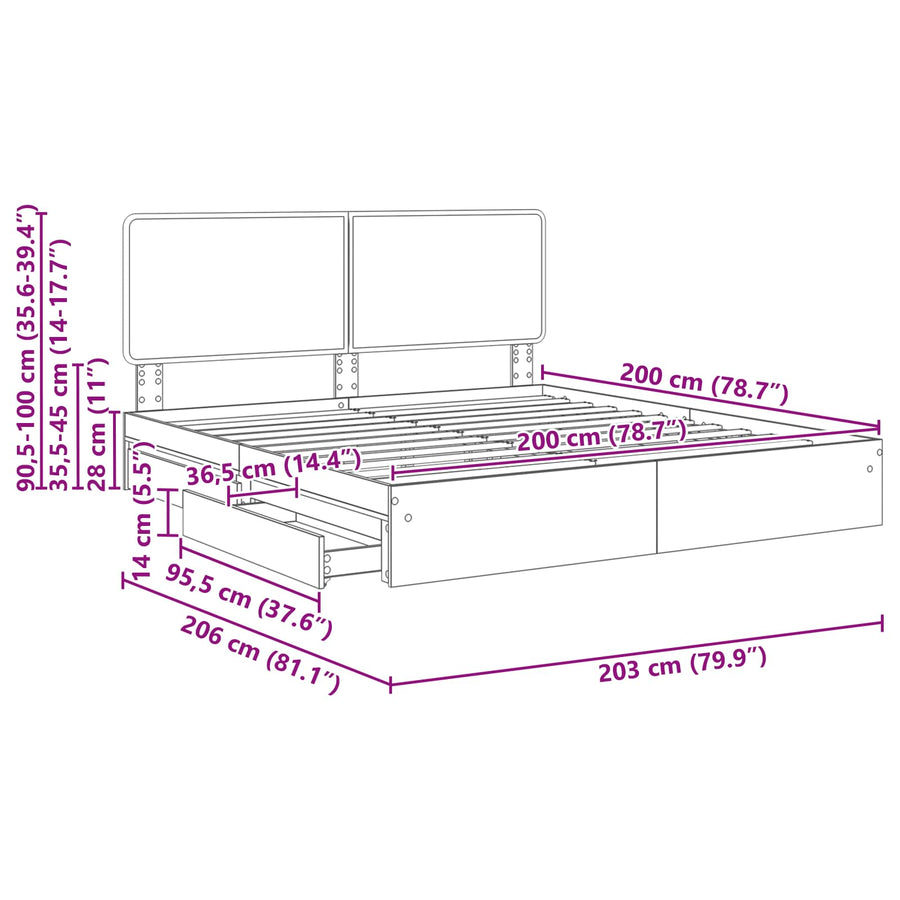 Bedframe met lade Grijs Sonoma 200 x 200 cm Bewerkt hout