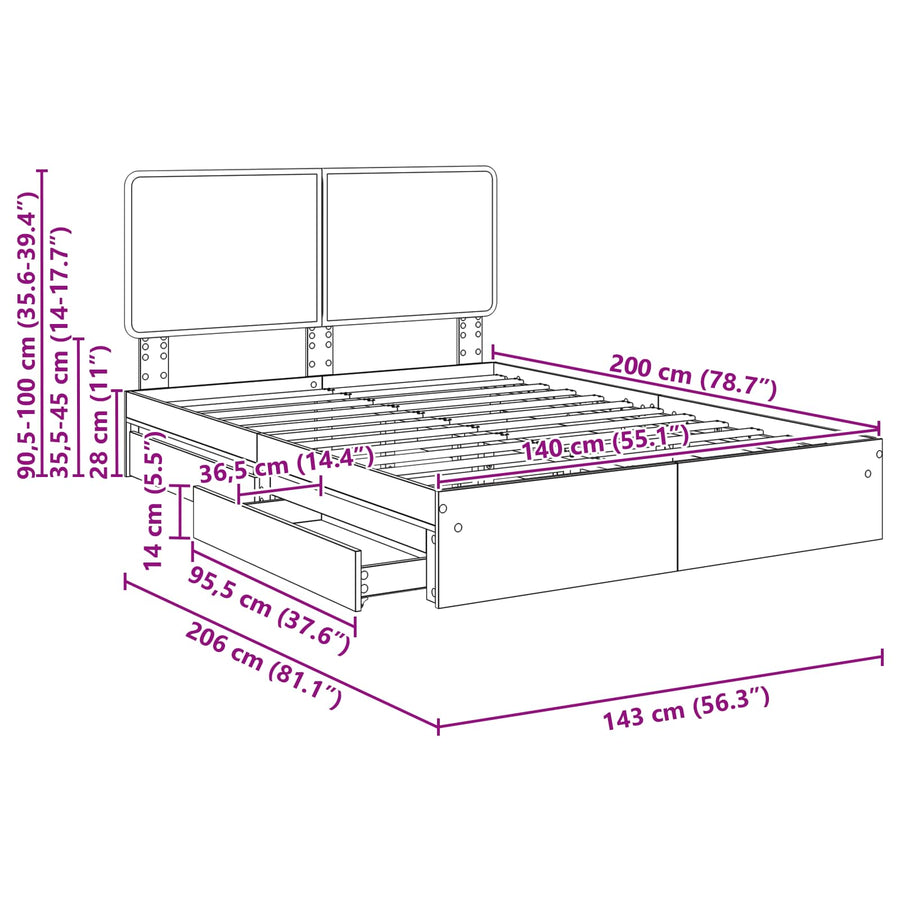 Bedframe met lade Grijs Sonoma 140 x 200 cm Bewerkt hout