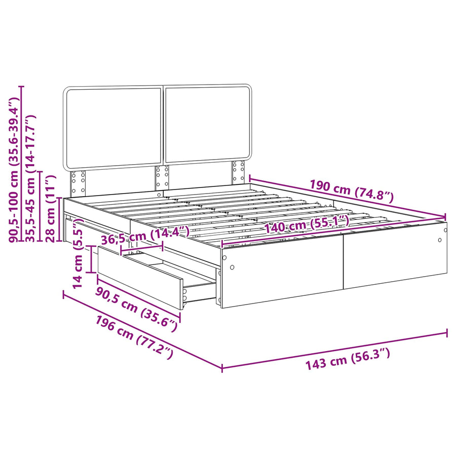 Opslag bed met lade Sonoma Eiken 140 x 190 cm Bewerkt hout