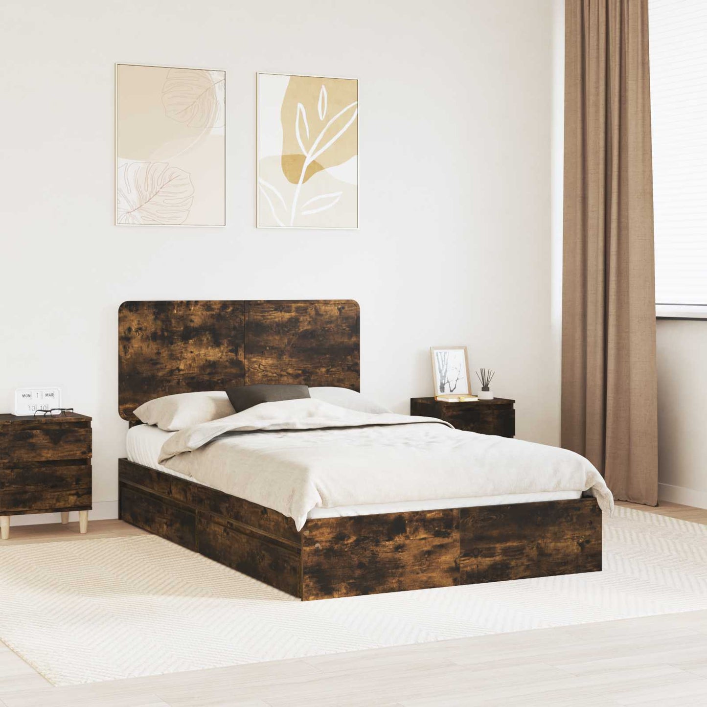 Bedframe met lade Gerookt eiken 135 x 190 cm Bewerkt hout