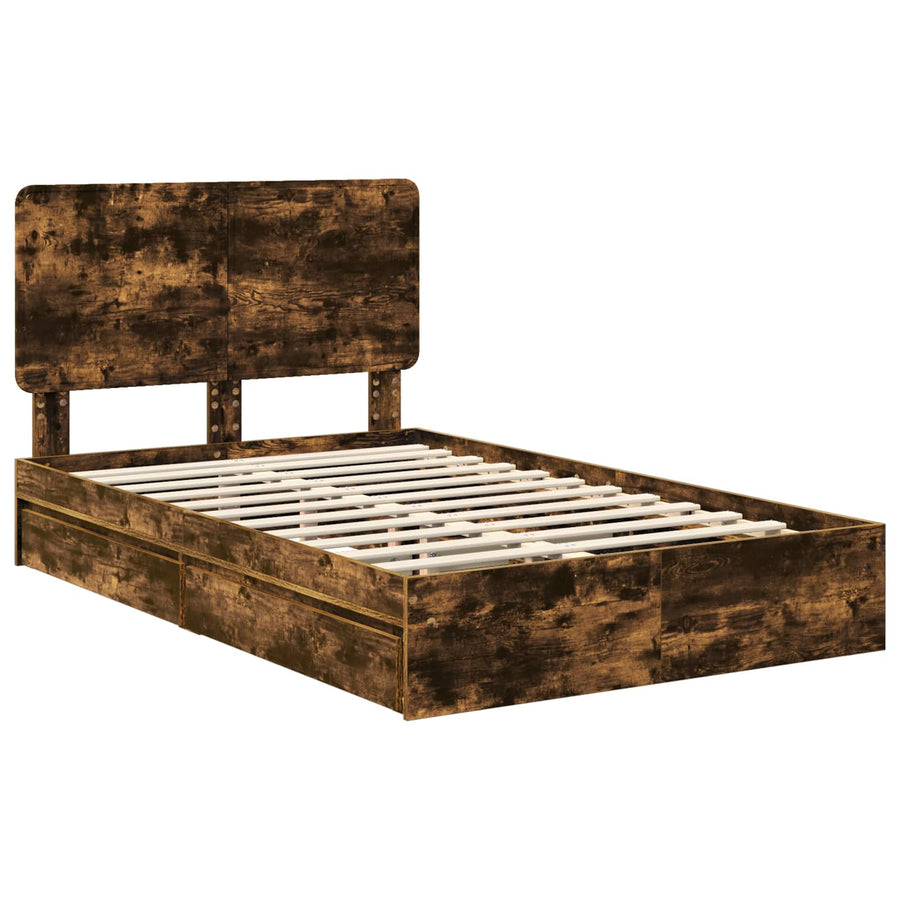 Bedframe met lade Gerookt eiken 135 x 190 cm Bewerkt hout
