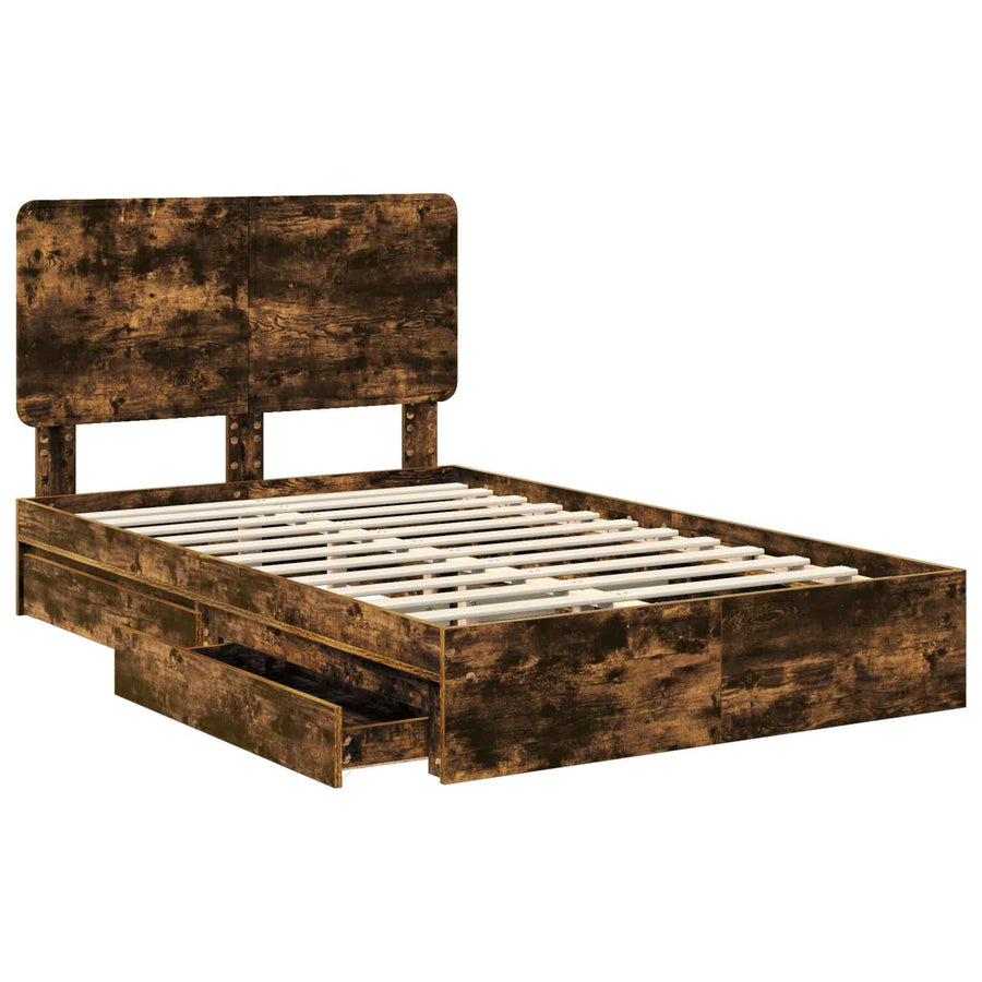 Bedframe met lade Gerookt eiken 135 x 190 cm Bewerkt hout