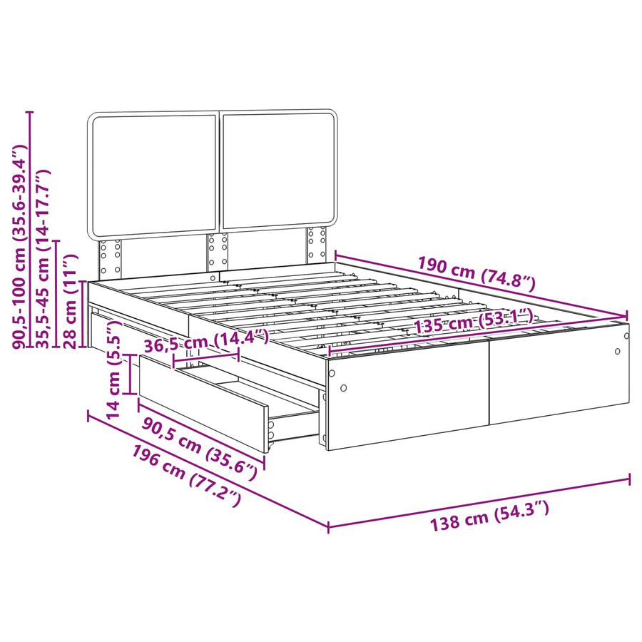 Bedframe met lade Gerookt eiken 135 x 190 cm Bewerkt hout
