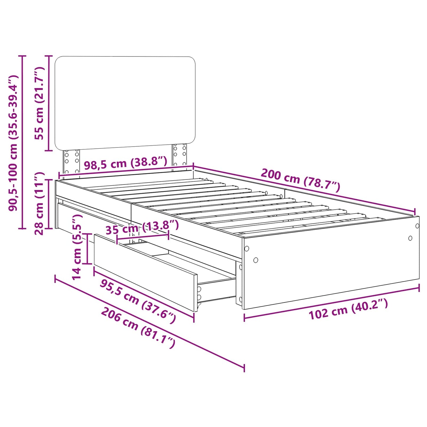 Bedframe met lade Gerookt eiken 100 x 200 cm Bewerkt hout