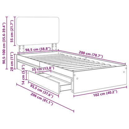 Bedframe met lade Gerookt eiken 100 x 200 cm Bewerkt hout