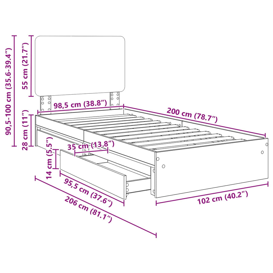 Bedframe met lade Grijs Sonoma 100 x 200 cm Bewerkt hout