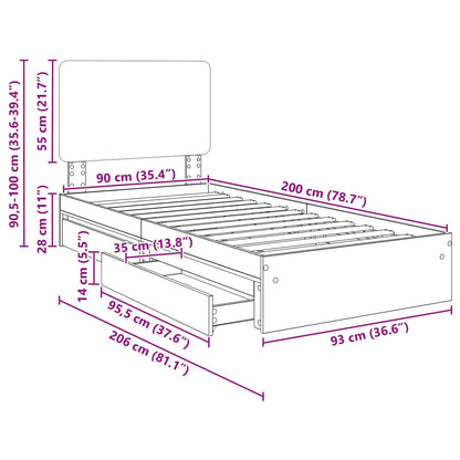 Bedframe met lade Gerookt eiken 90 x 200 cm Bewerkt hout