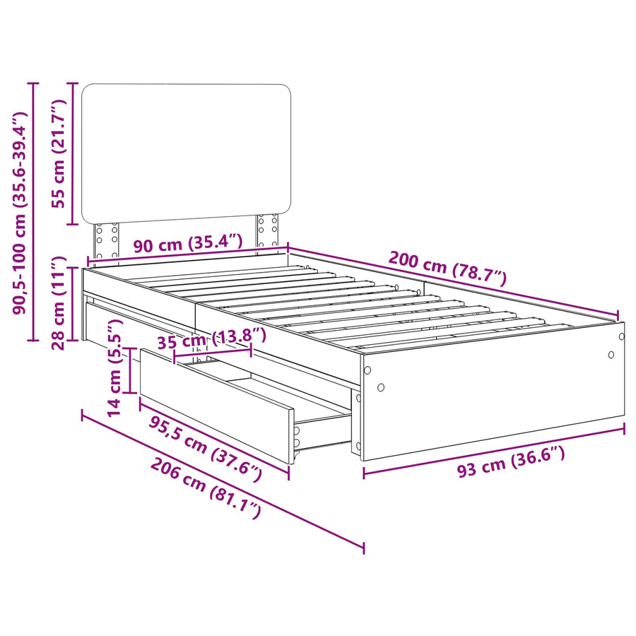 Bedframe met lade Gerookt eiken 90 x 200 cm Bewerkt hout