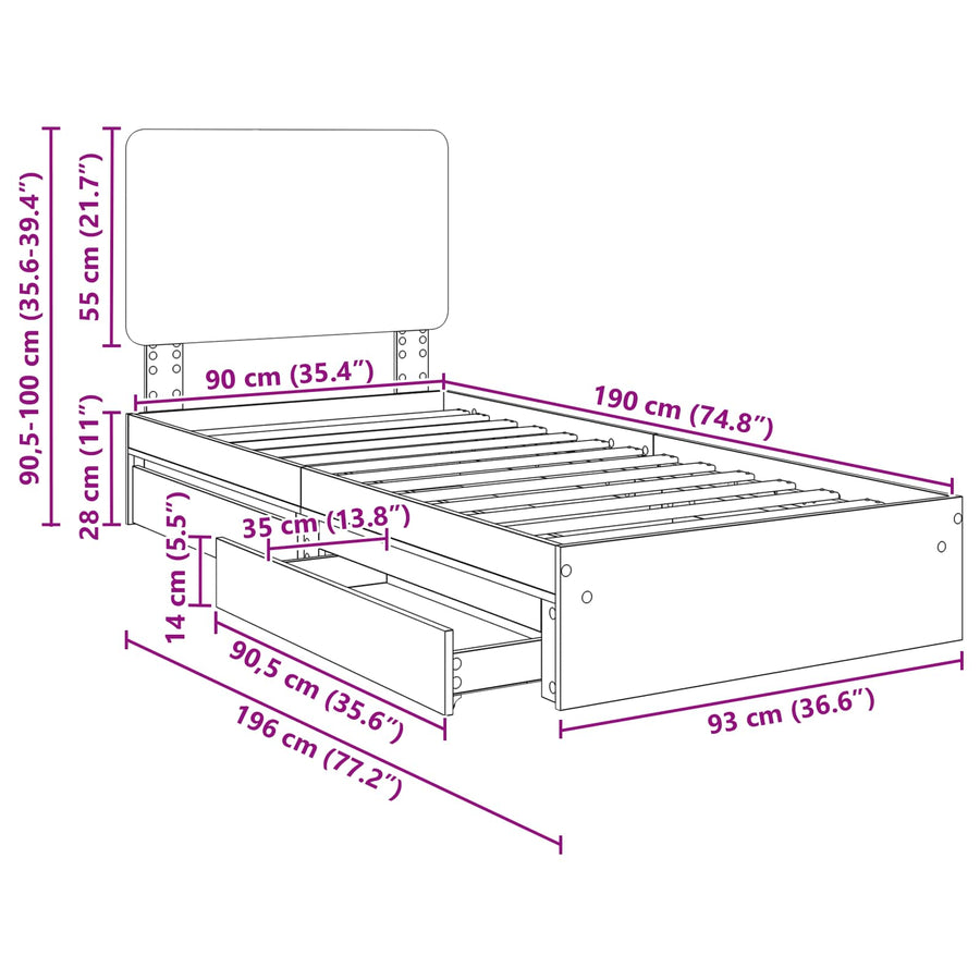 Bedframe met lade met hoofdeinde Zwart 90 x 190 cm Bewerkt hout