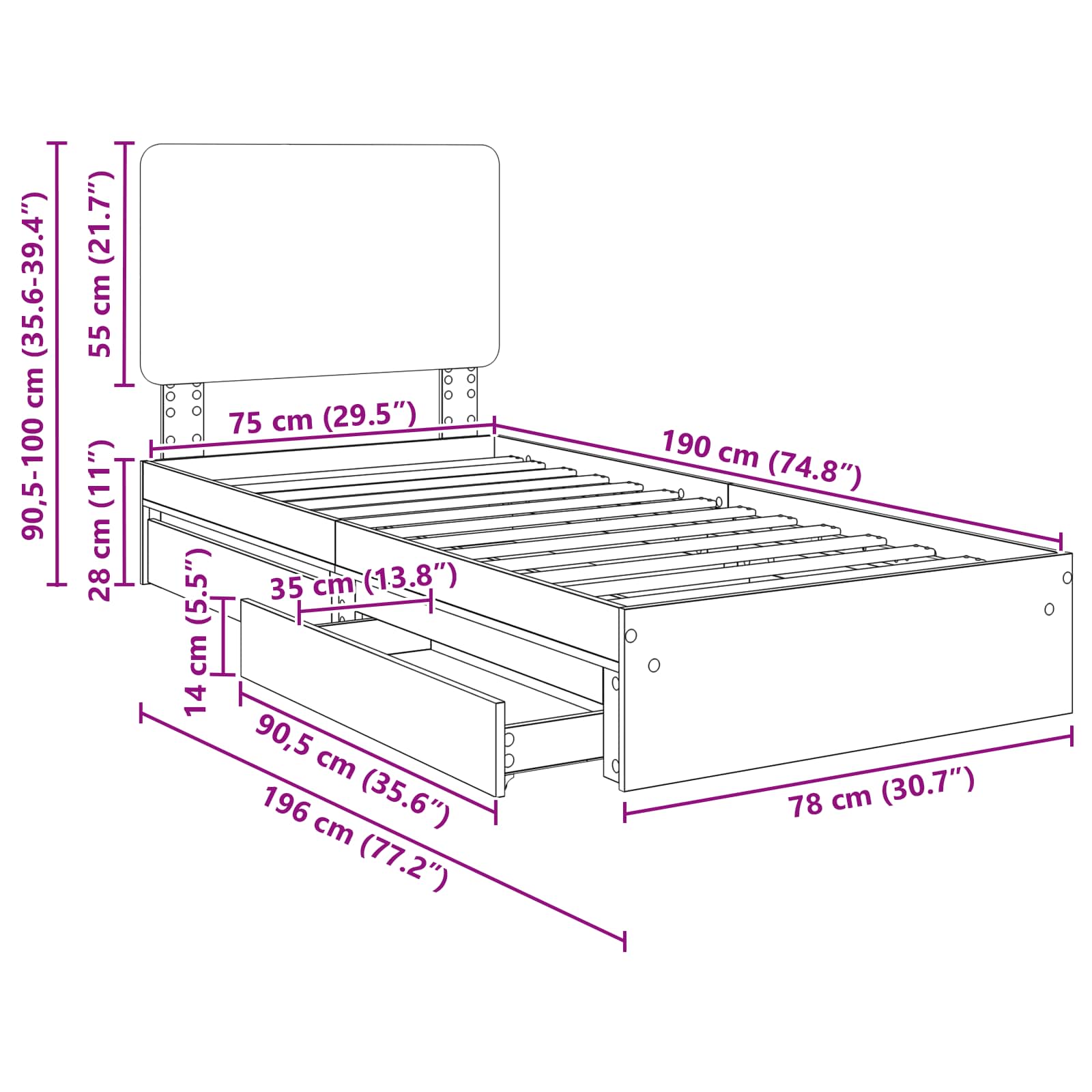 Bedframe met lade met hoofdeinde Zwart 75 x 190 cm Bewerkt hout