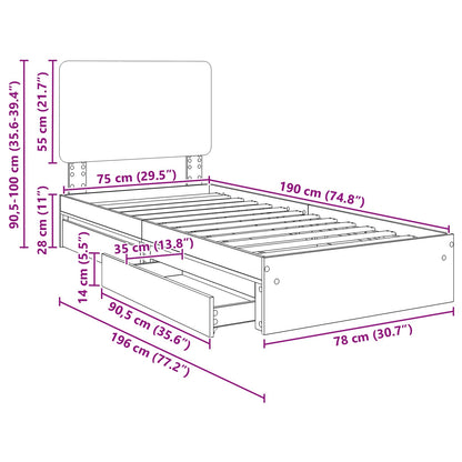 Bedframe met lade met hoofdeinde Zwart 75 x 190 cm Bewerkt hout