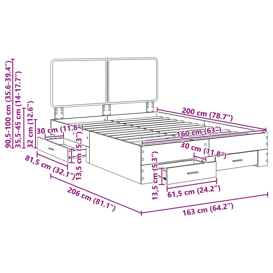 Bedframe met hoofdeinde Grijs Sonoma 160 x 200 cm Bewerkt hout
