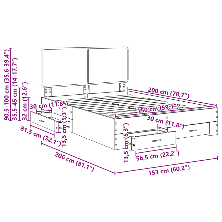 Bedframe met hoofdeinde Grijs Sonoma 150 x 200 cm Bewerkt hout