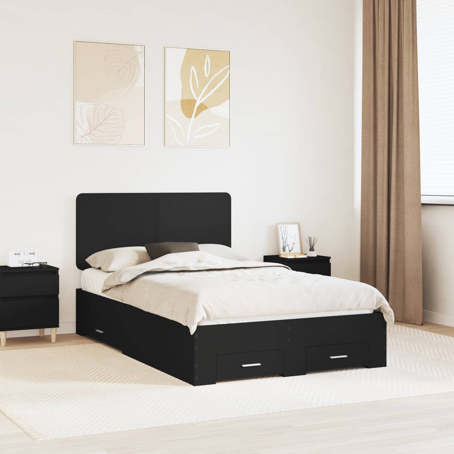 Bedframe met hoofdeinde Zwart 135 x 190 cm Bewerkt hout