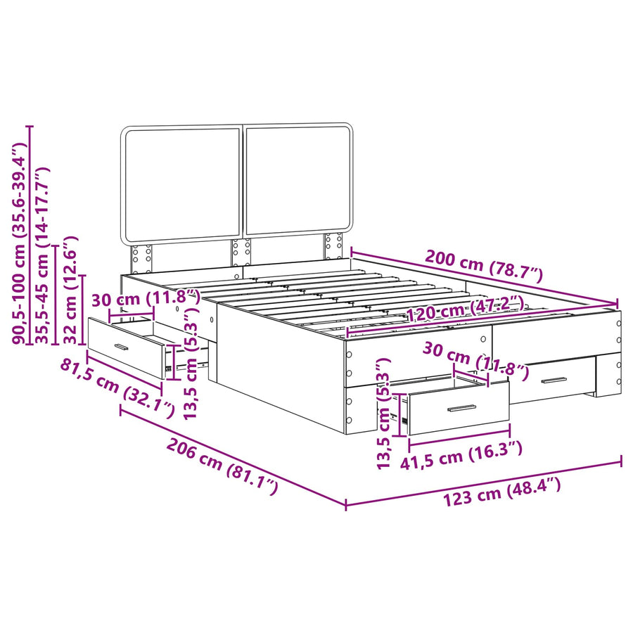 Bedframe met hoofdeinde Grijs Sonoma 120 x 200 cm Bewerkt hout