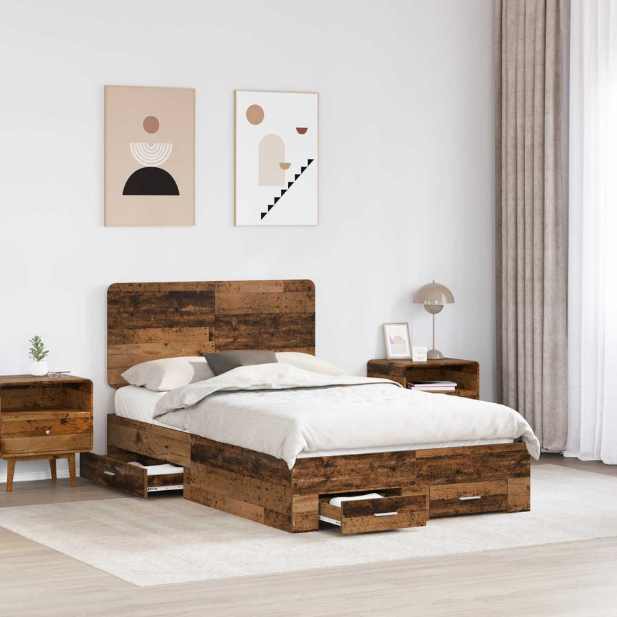 Bedframe met hoofdeinde Oudhout 120 x 190 cm Bewerkt hout