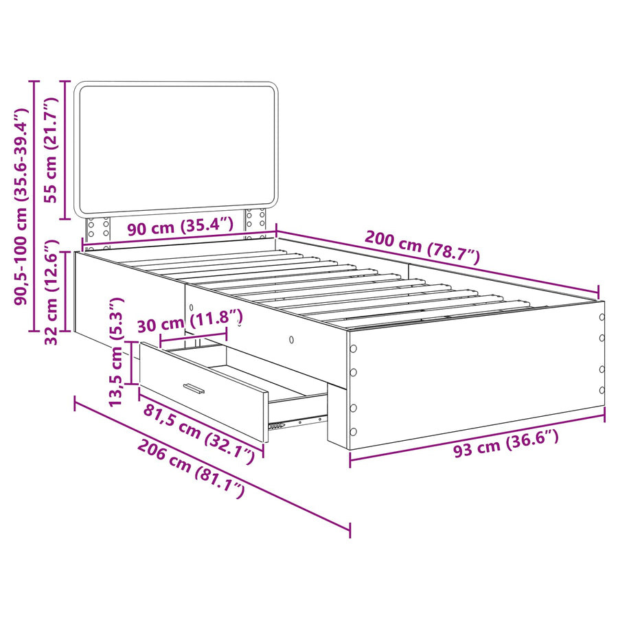 Bedframe met hoofdeinde Oudhout 90 x 200 cm Bewerkt hout