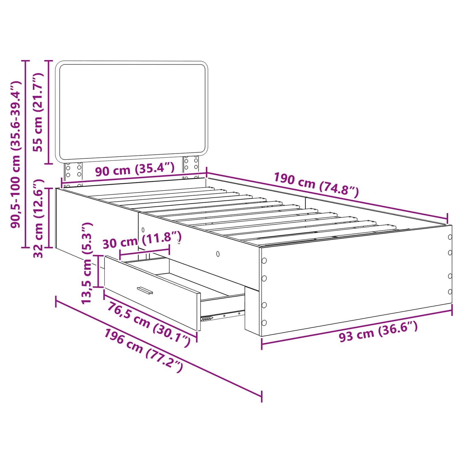 Bedframe met hoofdeinde met lade Wit 90 x 190 cm Bewerkt hout