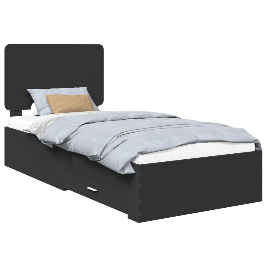 Bedframe met hoofdeinde met lade Zwart 75 x 190 cm Bewerkt hout