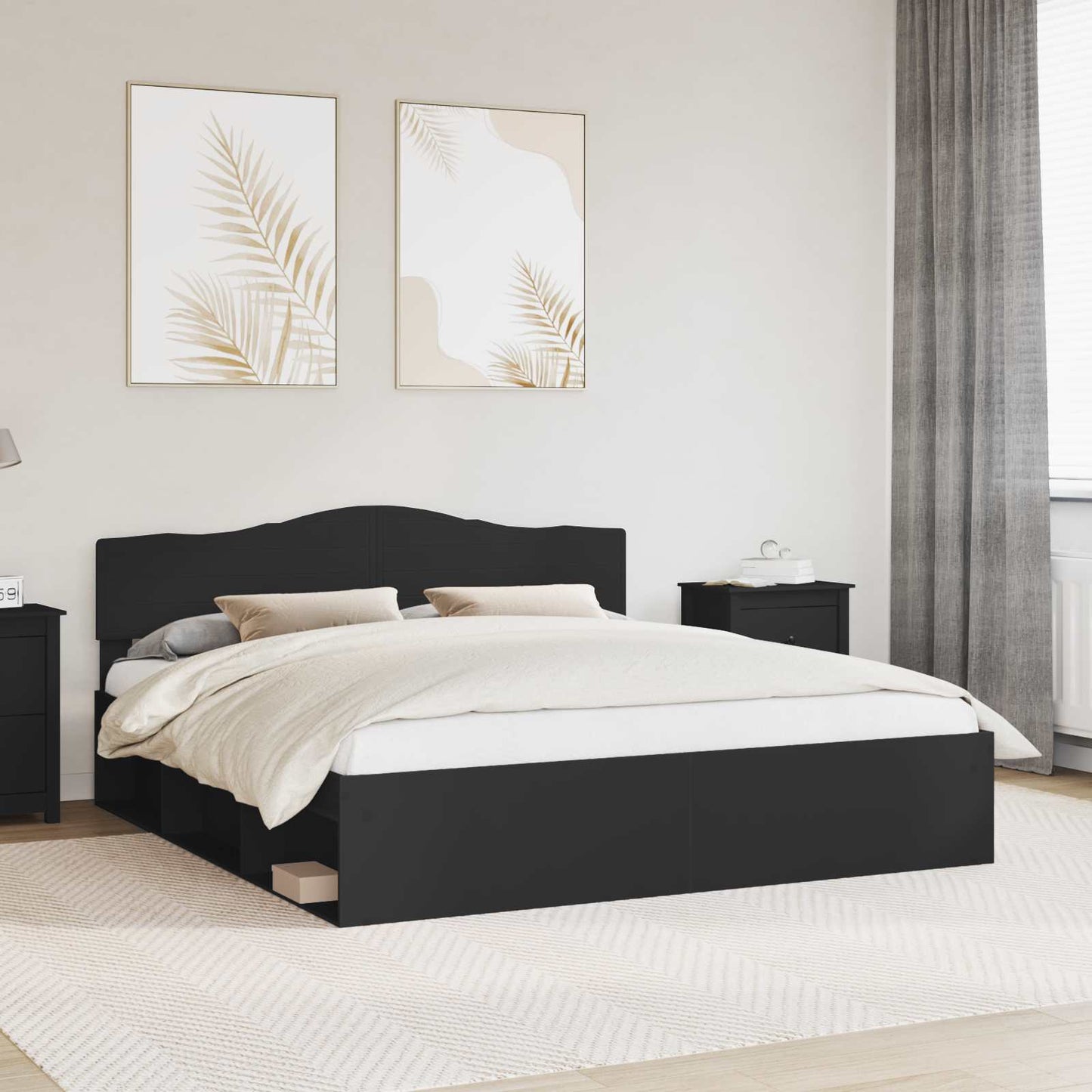 Bedframe met hoofdeinde Zwart 200 x 200 cm Massief grenenhout
