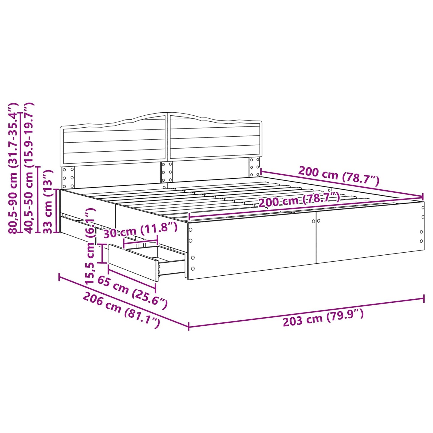 Bedframe met lade met opslag Zwart 200 x 200 cm Ingenieurshout