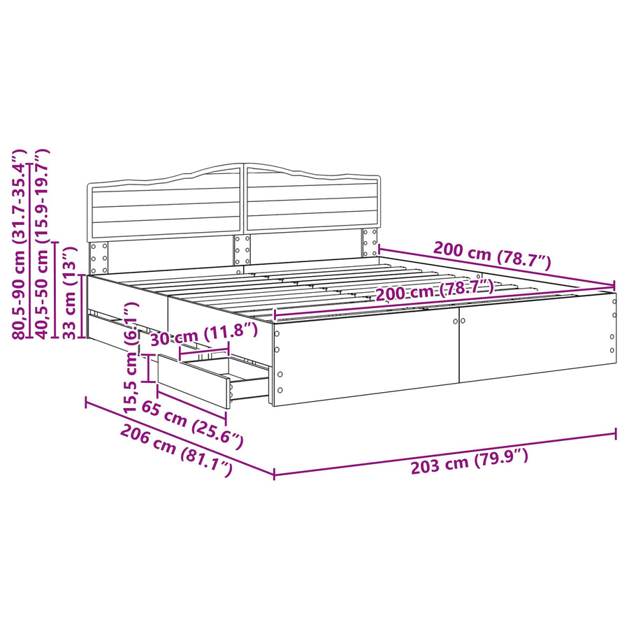 Bedframe met lade Grijs Sonoma 200 x 200 cm Ingenieurshout