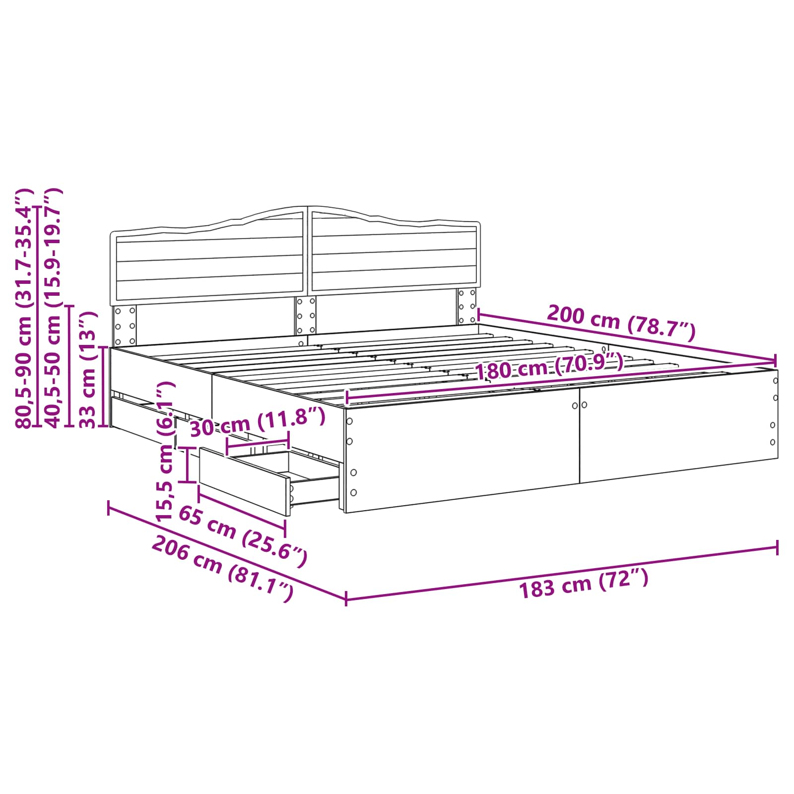 Bedframe met lade Gerookt eiken 180 x 200 cm Ingenieurshout