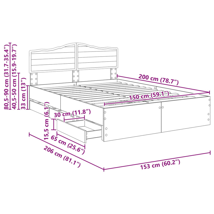 Bedframe met lade Gerookt eiken 150 x 200 cm Ingenieurshout