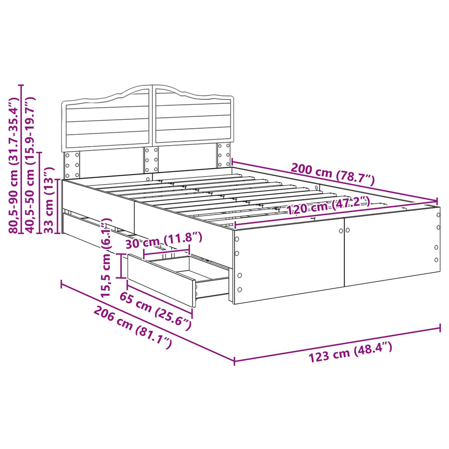 Bedframe met lade Gerookt eiken 120 x 200 cm Ingenieurshout