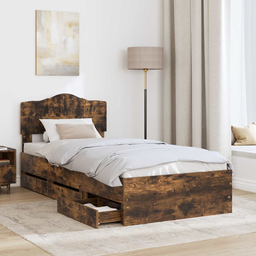 Bedframe met lade Gerookt eiken 100 x 200 cm Ingenieurshout