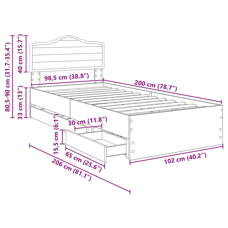 Bedframe met lade Gerookt eiken 100 x 200 cm Ingenieurshout