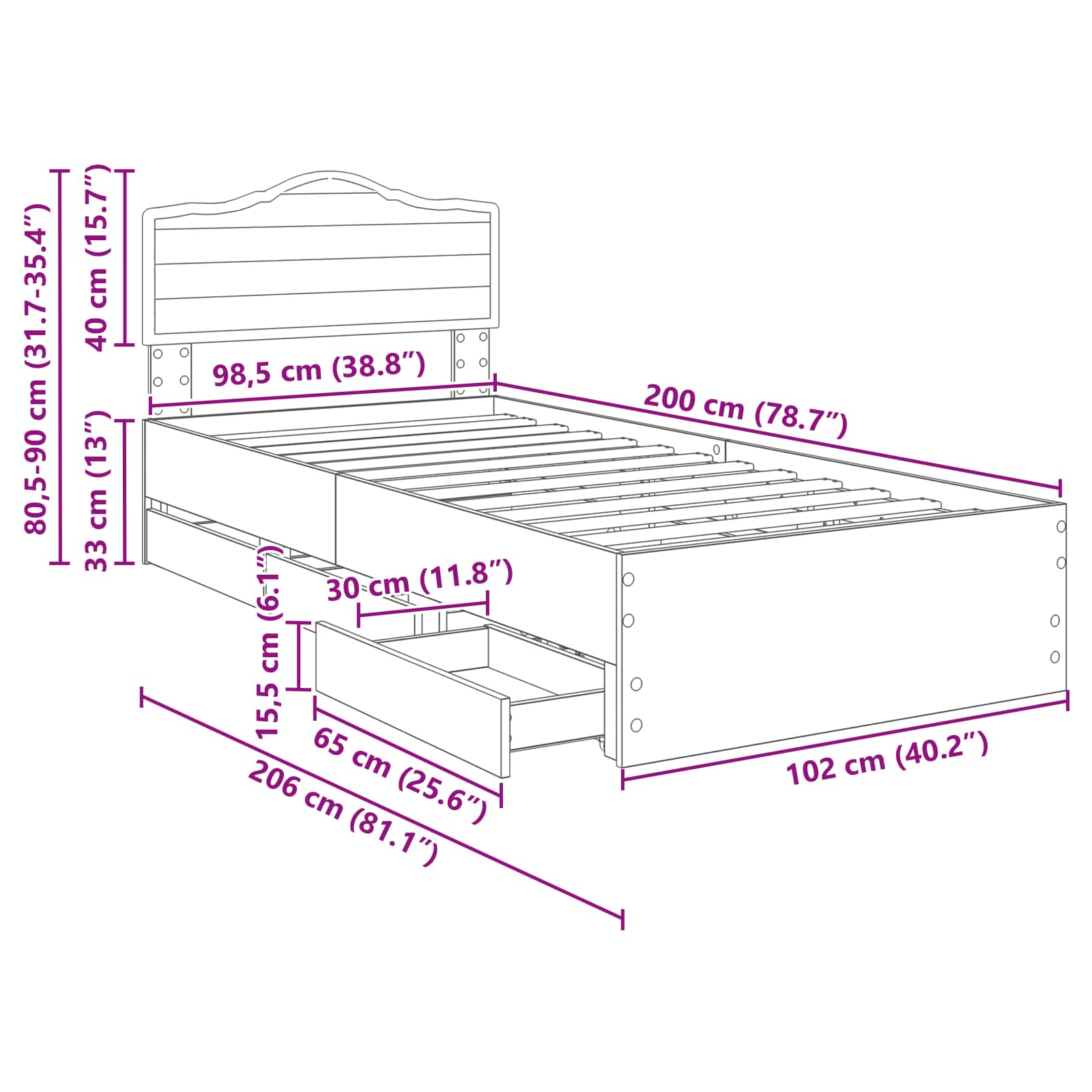 Bedframe met lade Grijs Sonoma 100 x 200 cm Ingenieurshout