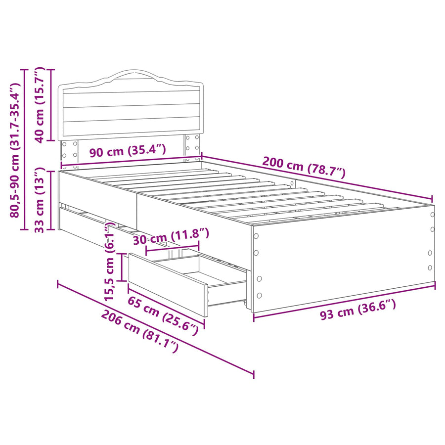 Bedframe met lade Grijs Sonoma 90 x 200 cm Ingenieurshout