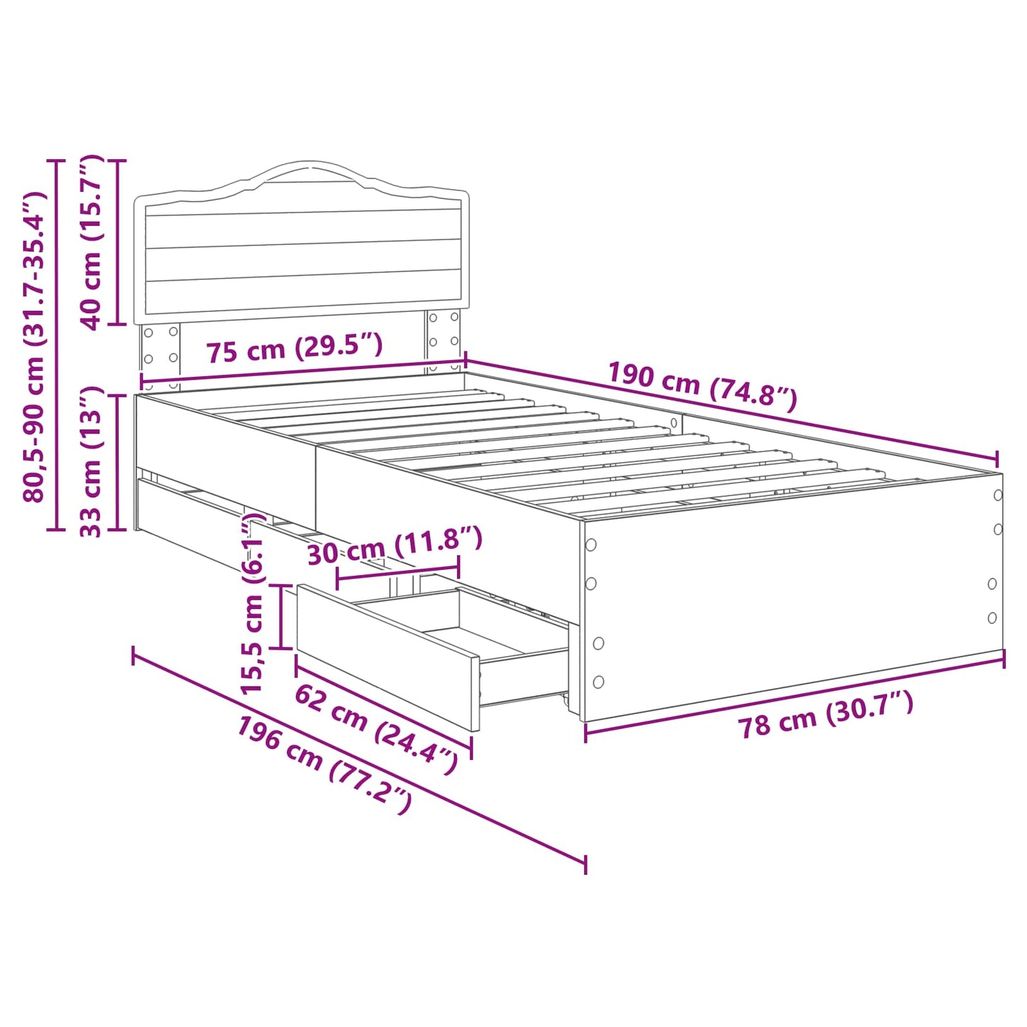 Bedframe met lade Gerookt eiken 75 x 190 cm Ingenieurshout