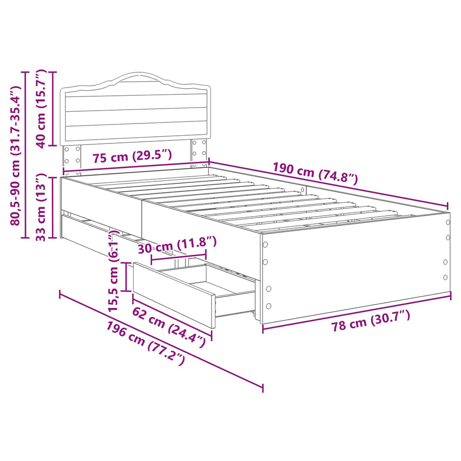 Bedframe met lade Grijs Sonoma 75 x 190 cm Ingenieurshout