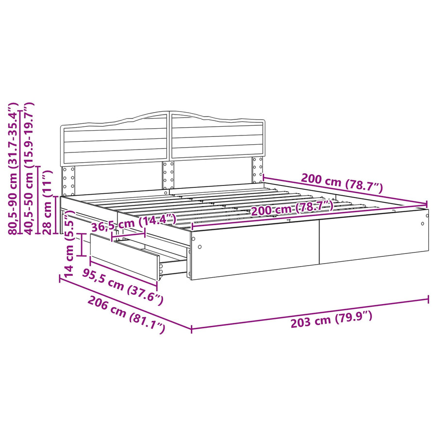 Opslag bed met hoofdeinde Beton Grijs 200 x 200 cm Bewerkt hout