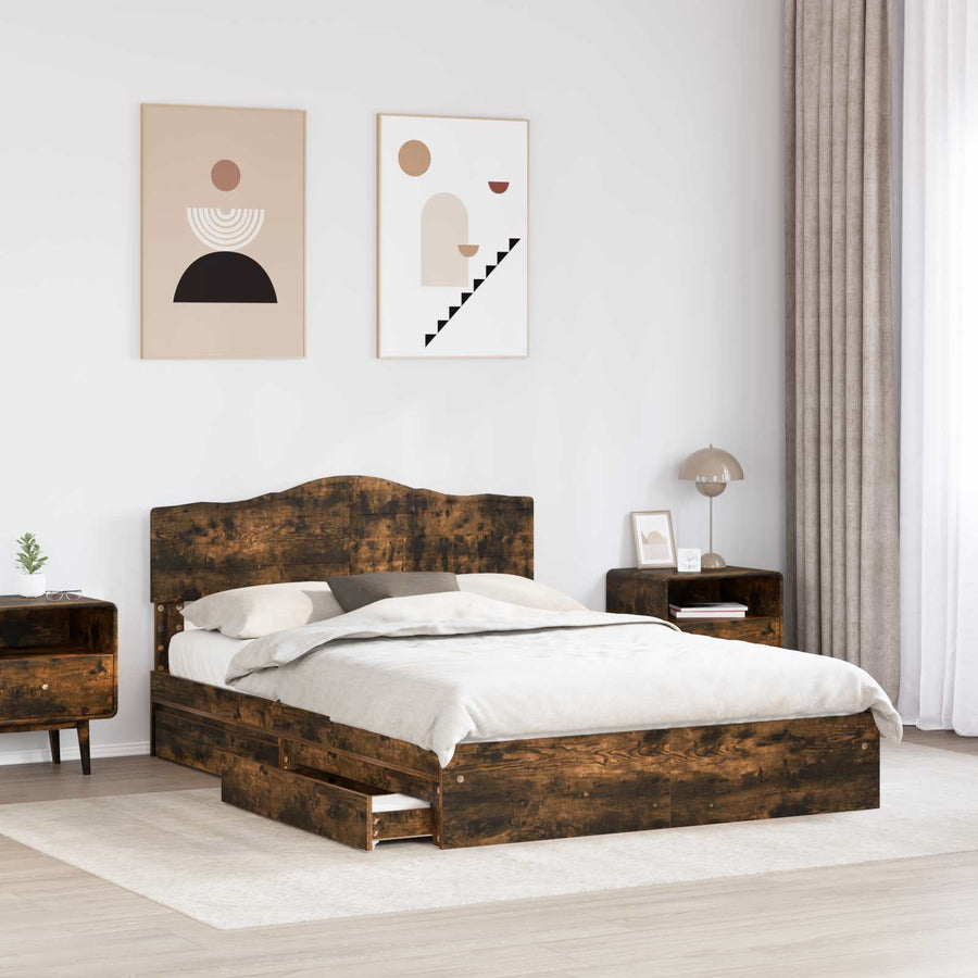 Opslag bed met lade Gerookt eiken 160 x 200 cm Bewerkt hout