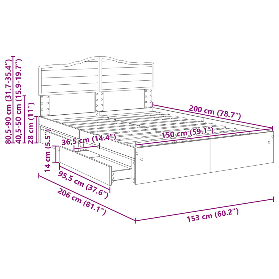 Opslag bed met hoofdeinde Beton Grijs 150 x 200 cm Bewerkt hout