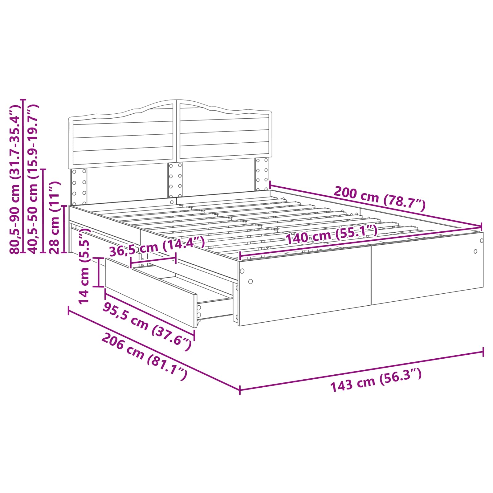 Opslag bed met hoofdeinde Wit 140 x 200 cm Bewerkt hout