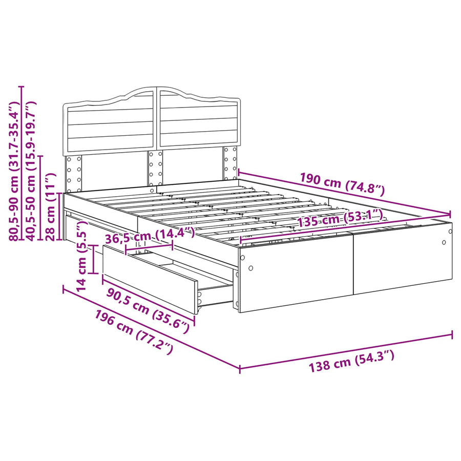 Opslag bed met lade Sonoma Eiken 135 x 190 cm Bewerkt hout