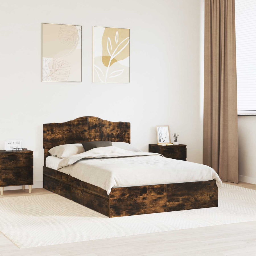 Opslag bed met lade Gerookt eiken 135 x 190 cm Bewerkt hout