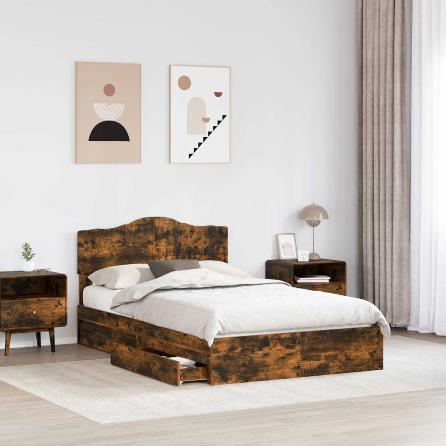 Opslag bed met lade Gerookt eiken 135 x 190 cm Bewerkt hout