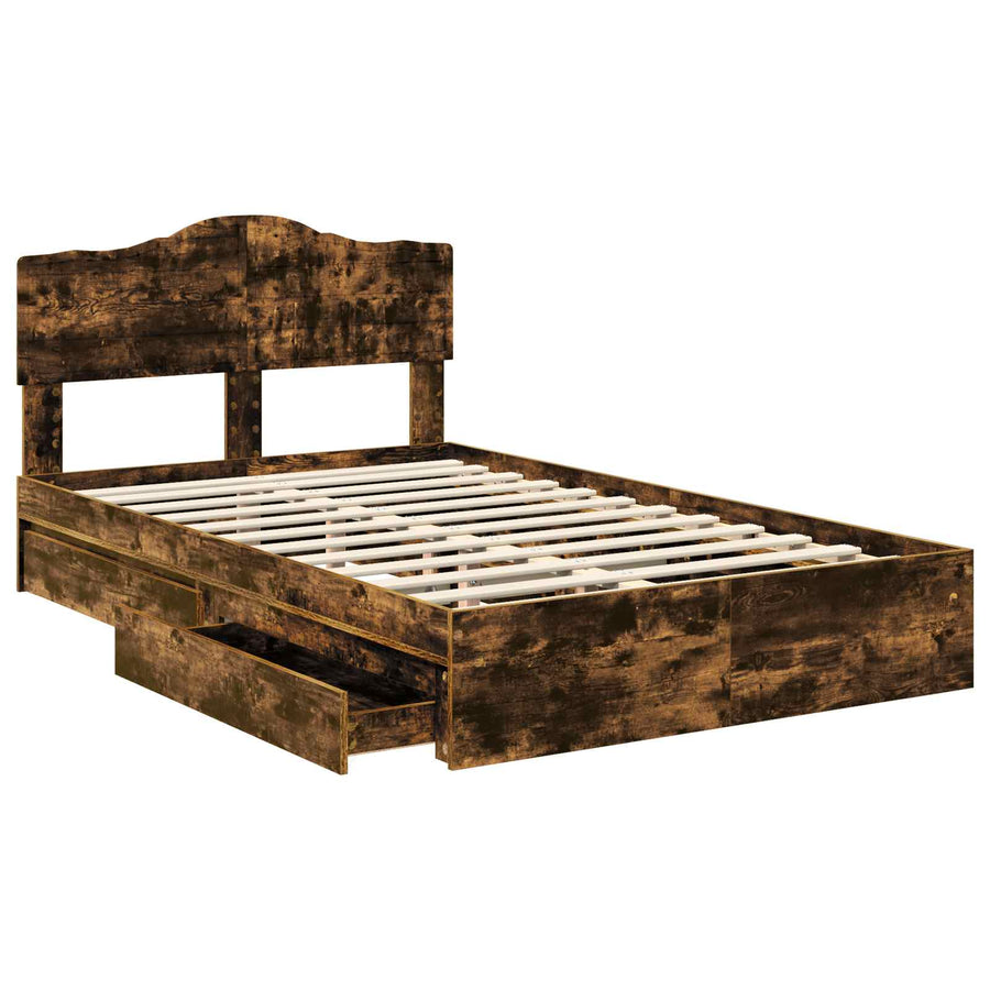 Opslag bed met lade Gerookt eiken 135 x 190 cm Bewerkt hout