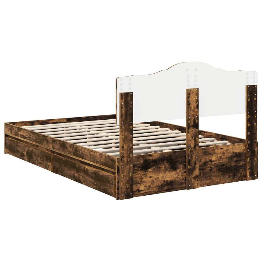 Opslag bed met lade Gerookt eiken 135 x 190 cm Bewerkt hout